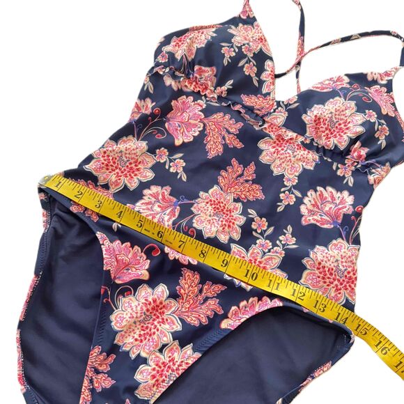 Old Navy Floral Halter V-Neck Ruffle Cross-Back Tankini Large Blue Floral - Picture 10 of 10